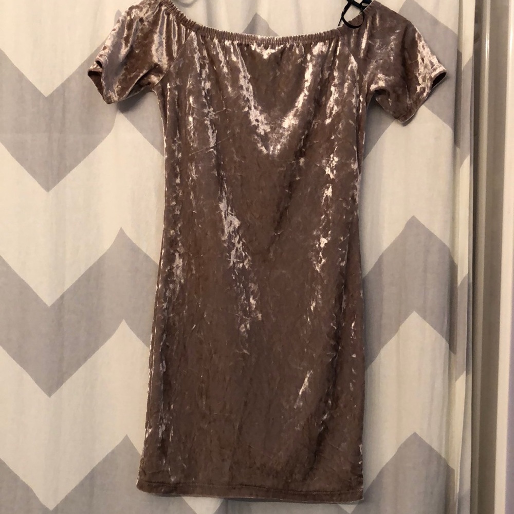 Beige off the shoulder body con dress